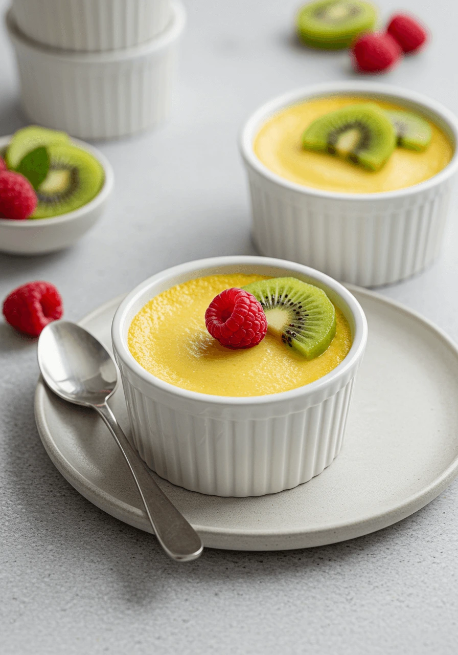 Crème aux oeufs vegan, servie dans un ramequin avec une texture crémeuse et garnie de fruits frais comme des framboises et des tranches de kiwi.