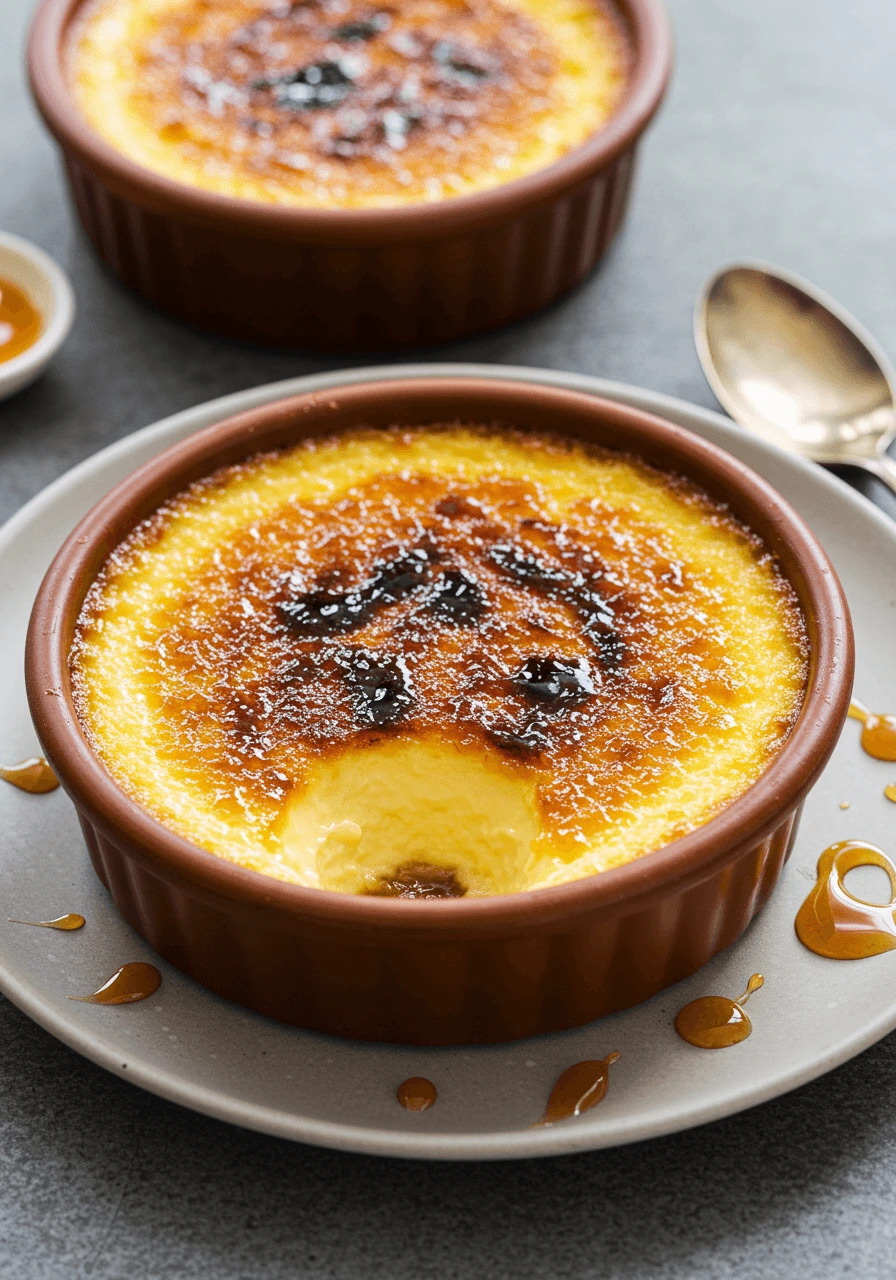 Crème aux oeufs au caramel dans un ramequin, avec une surface dorée et lisse, et une touche de caramel coulant.