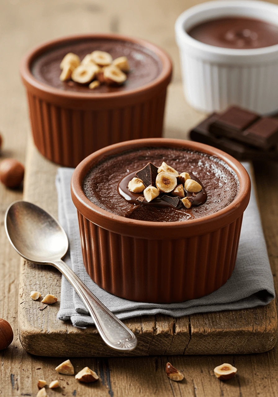 Crème aux oeufs au chocolat dans un ramequin, avec une couche de chocolat fondu et des éclats de noisettes.