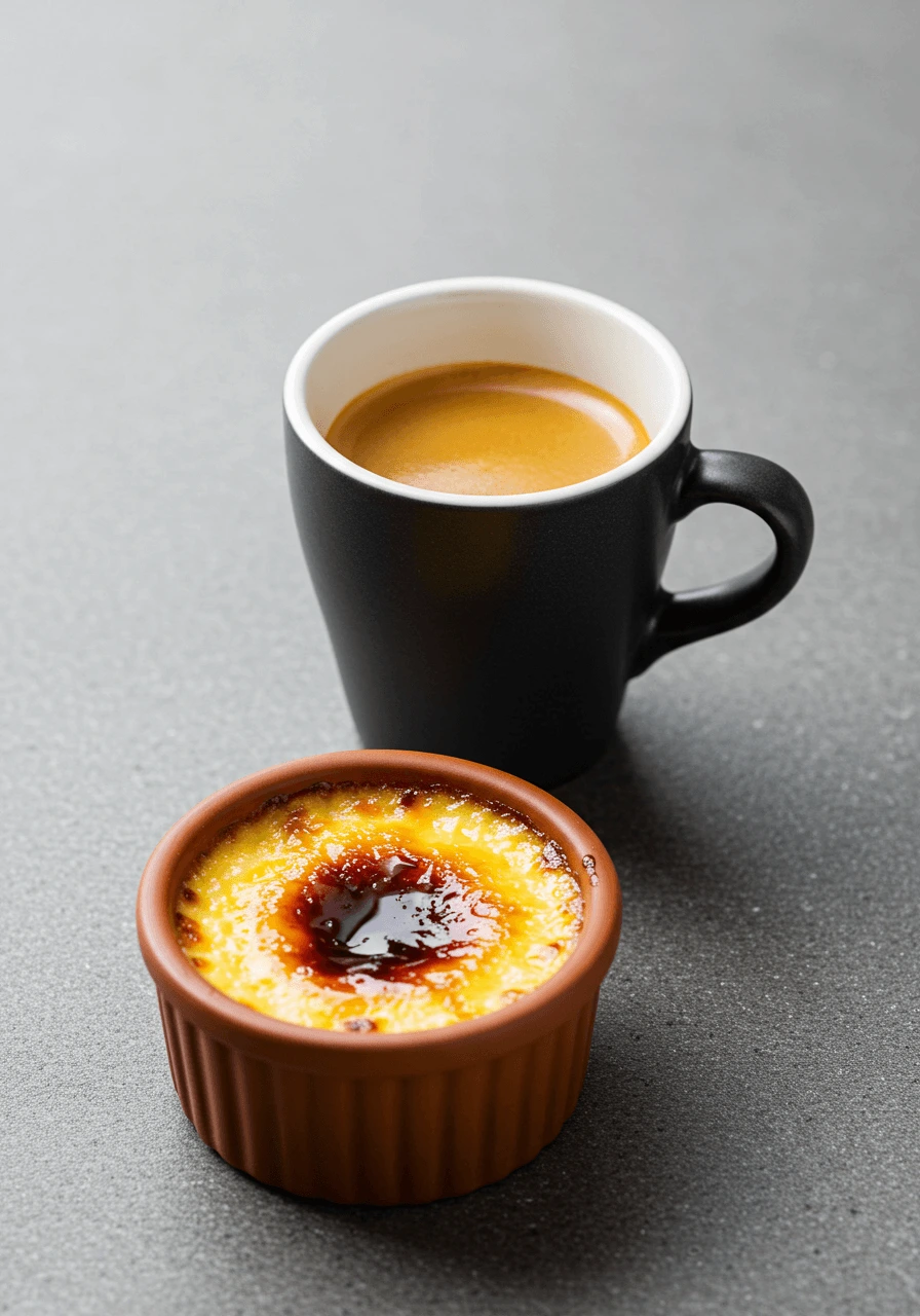 Un café ou un espresso servi à côté d'une Crème aux oeufs, pour une expérience gastronomique parfaite.