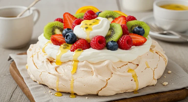 A classic pavlova topped with whipped cream, fresh strawberries, raspberries, blueberries, and sliced kiwi, drizzled with passion fruit sauce.