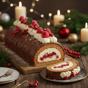 Une bûche de Noël festive avec un glaçage au chocolat, un tourbillon de crème et des décorations de houx et de baies rouges, posée sur une planche en bois entourée de bougies, de verdure et de friandises de Noël.