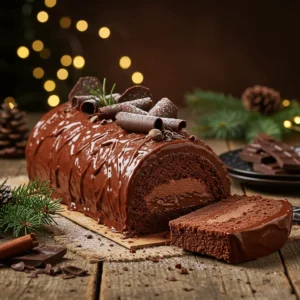 Une bûche de Noël riche en chocolat avec une garniture à la crème chocolatée, surmontée de copeaux de chocolat et saupoudrée de sucre glace, posée sur une table en bois rustique avec une lumière chaleureuse de fête.