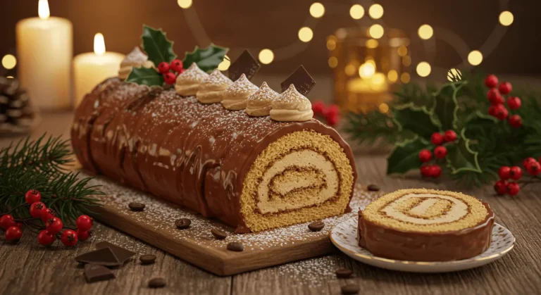 Une bûche de Noël recouverte de chocolat avec un tourbillon de crème à l'intérieur, décorée de feuilles de houx, de baies rouges et de sucre glace, sur un fond chaleureux avec des bougies et des décorations festives.