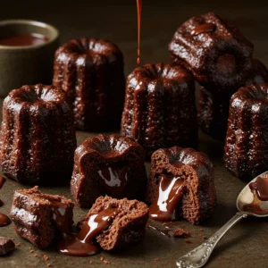 Cannelés au chocolat, avec une croûte caramélisée et un cœur fondant au chocolat.