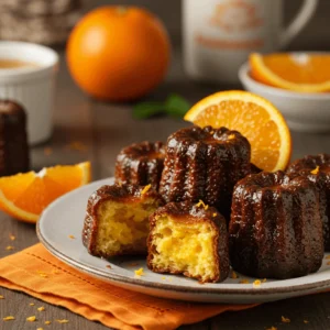 Cannelés à l'orange, avec une croûte dorée et une touche fruitée à l'intérieur.