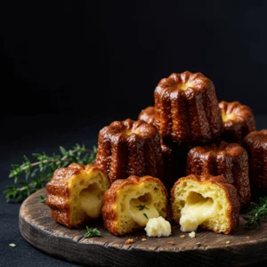 Cannelés salés au fromage et aux herbes, avec une croûte dorée et un intérieur fondant.