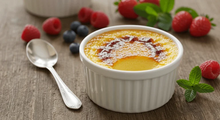 Crème aux oeufs servie dans un ramequin avec une croûte caramel dorée, accompagnée de fruits frais et de menthe, sur une table en bois.