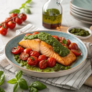 Un plat méditerranéen de saumon cuit au four, garni de pesto frais et accompagné de tomates cerises rôties.