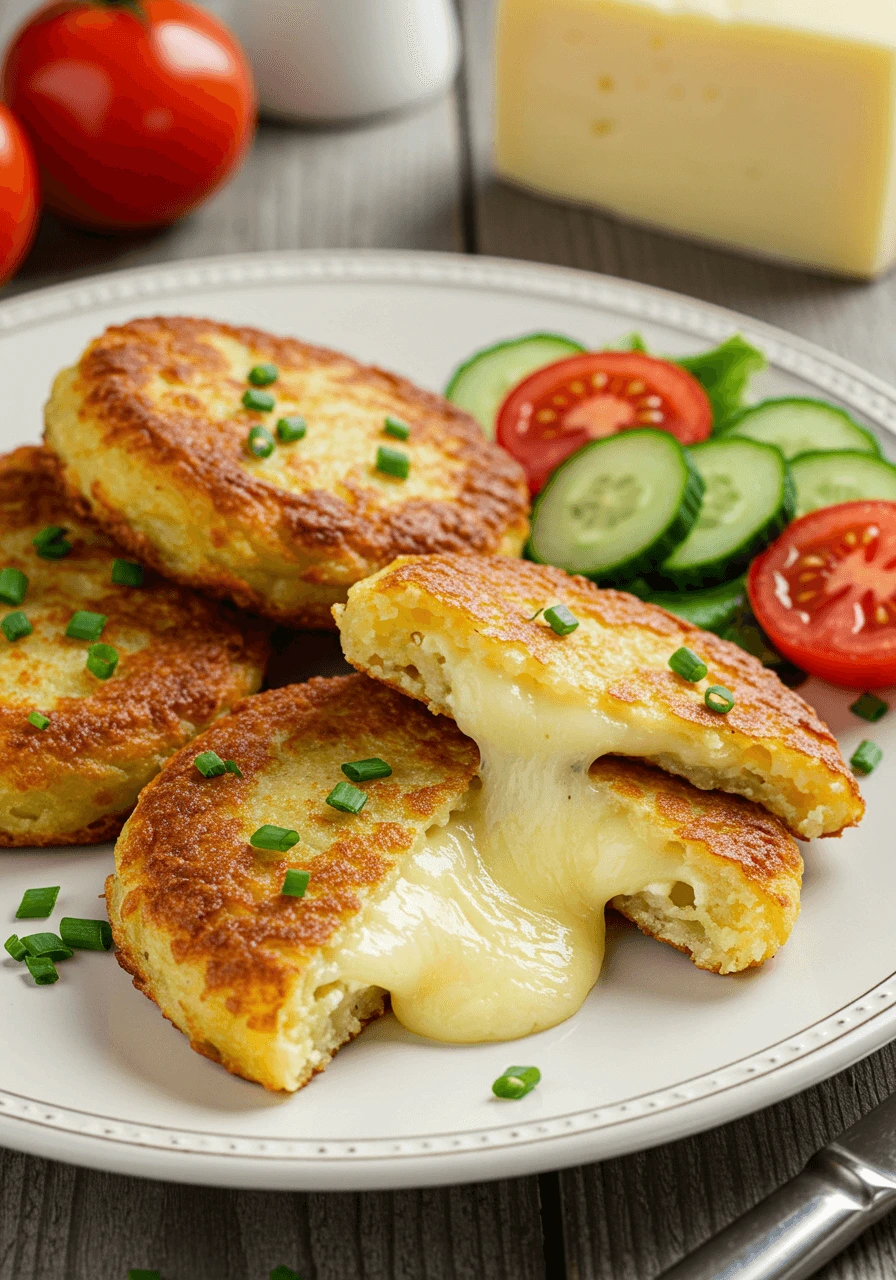 Galettes de pomme de terre farcies au fromage avec du cheddar fondu, garnies d'herbes fraîches.