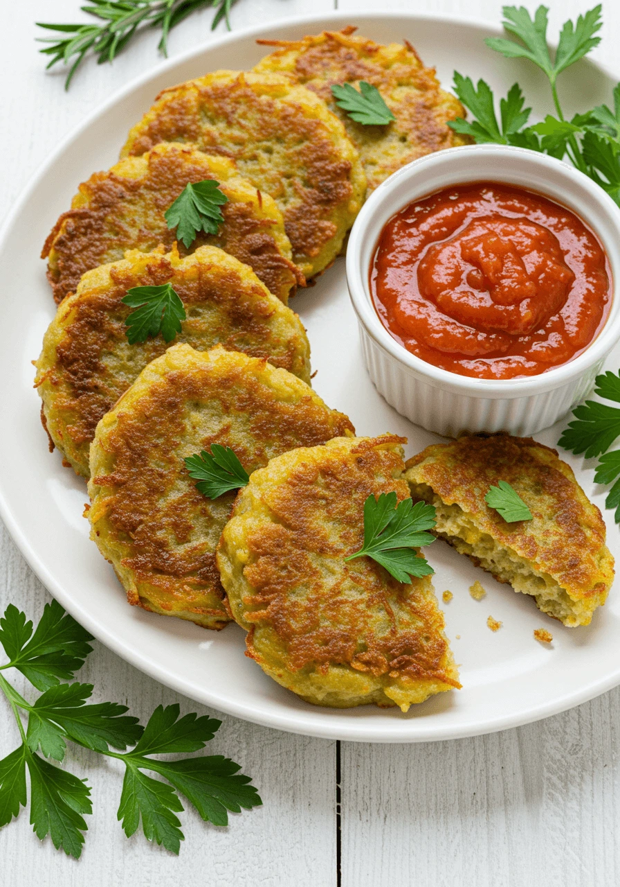 Galettes de pomme de terre vegan faites avec des graines de lin et de l'eau, servies avec une garniture d'herbes fraîches.