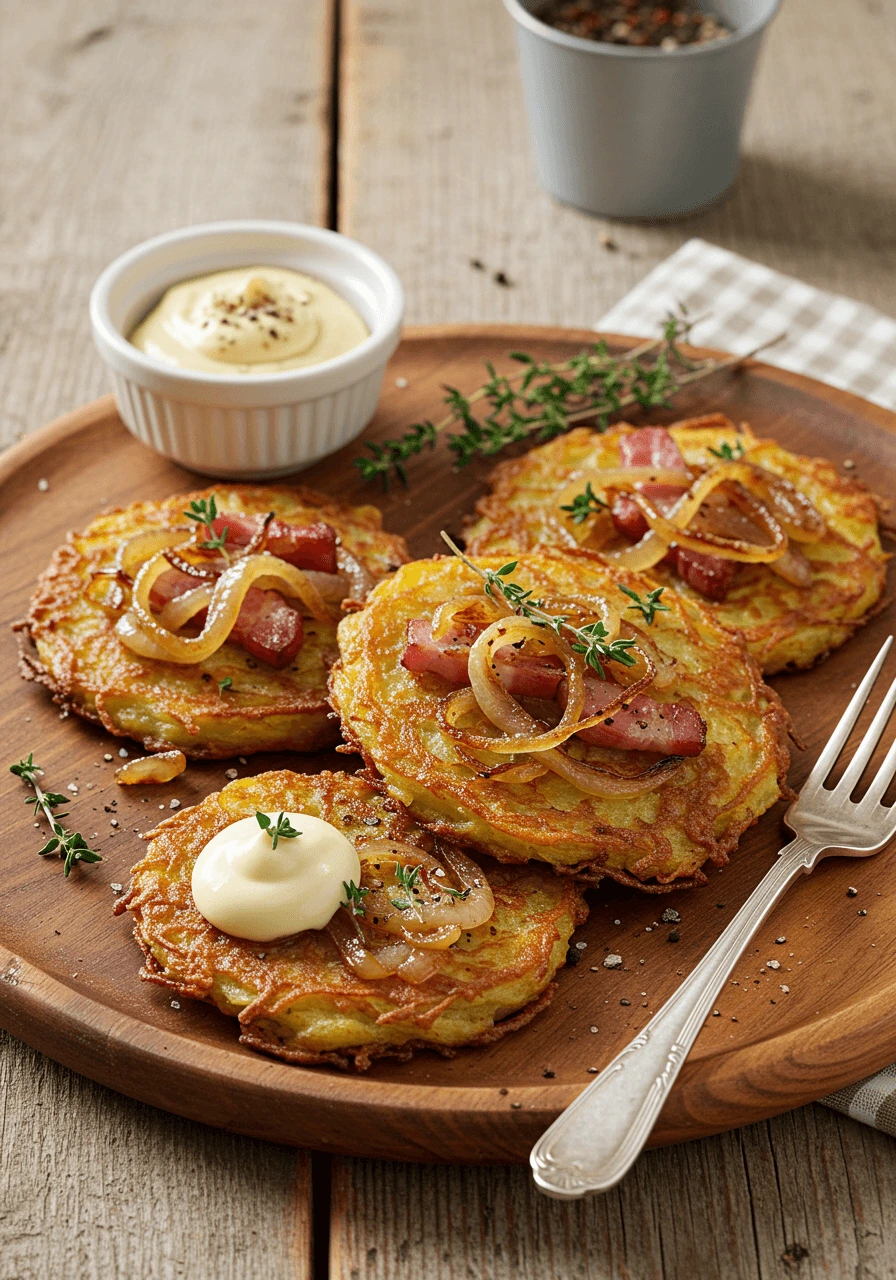 Galettes de pomme de terre alsaciennes garnies de lardons croustillants et d'oignons caramélisés, servies avec de la moutarde sur une assiette rustique.