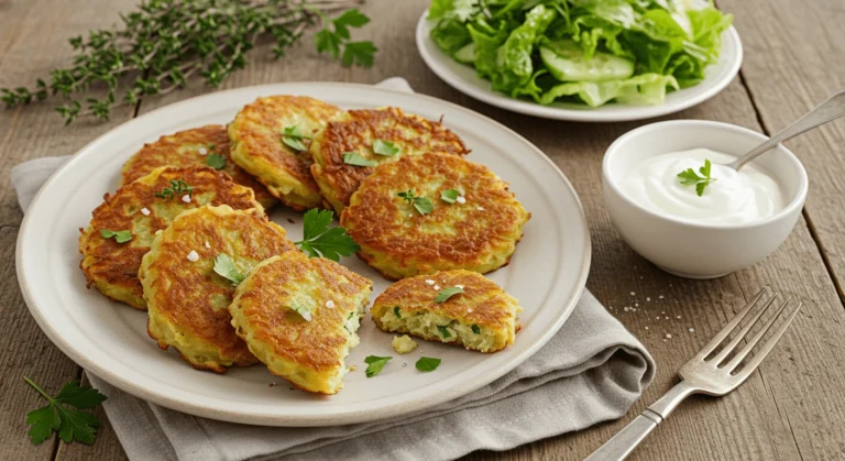 Galettes de pomme de terre maison dorées et croustillantes servies avec une salade verte légère et une sauce au yaourt.