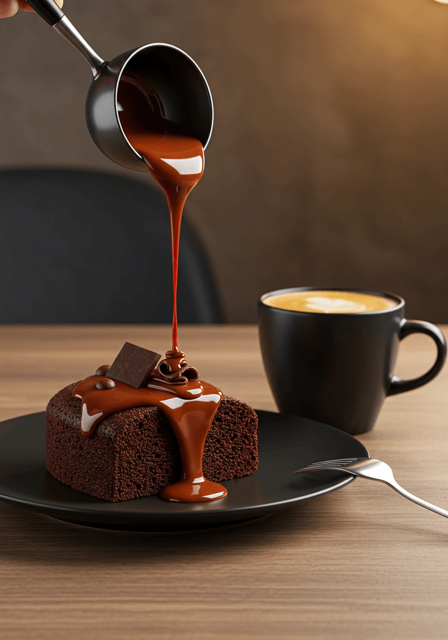 Ganache chocolat versée sur un gâteau au chocolat, accompagnée d'une tasse de café fort sur une table en bois rustique.