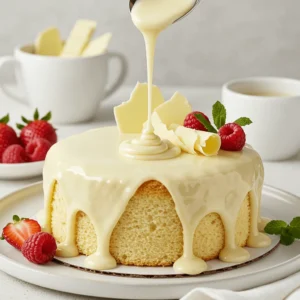 Ganache au chocolat blanc lisse qui coule sur un gâteau délicat au chocolat, décoré de tranches d'orange et de copeaux de chocolat blanc.