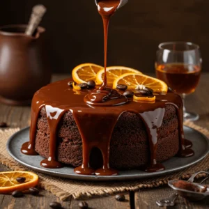 Ganache aromatisée avec des arômes de café, zeste d'orange et Grand Marnier, qui coule sur un gâteau au chocolat, garni de grains de café et de tranches d'orange.