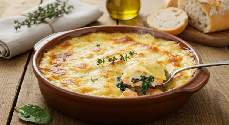 A steaming gratin of ravioles with layers of spinach and smoked salmon, served in a rustic brown dish with a spoonful revealing its creamy texture.