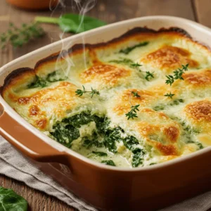 A freshly baked gratin of ravioles with spinach, topped with golden, melted cheese and garnished with fresh thyme.