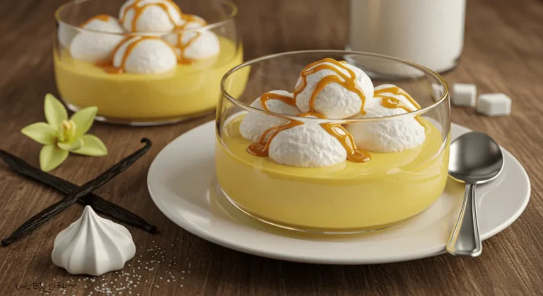 Un bol en verre rempli de crème anglaise jaune, surmontée de meringues blanches légères et nappées de caramel. Une fleur de vanille, des gousses de vanille et une coque de meringue sont disposées à côté du bol.