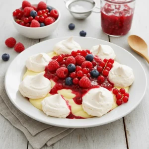 Un dessert composé d'une île flottante avec une crème anglaise, des meringues légères et des fruits rouges tels que des framboises, des myrtilles et des groseilles, servi dans une assiette blanche sur une table en bois clair.