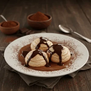 Trois boules de meringue sur une assiette blanche, entourées d’un coulis de chocolat et nappées de sauce chocolat fondue. De la poudre de cacao et des morceaux de chocolat décorent une table en bois rustique.