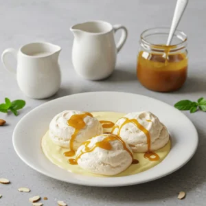 Une assiette blanche présentant trois boules de meringue reposant sur un lit de crème anglaise à la vanille, nappées de sauce caramel. En accompagnement, des pichets de lait et de caramel, ainsi qu’un pot de sauce caramel en arrière-plan.