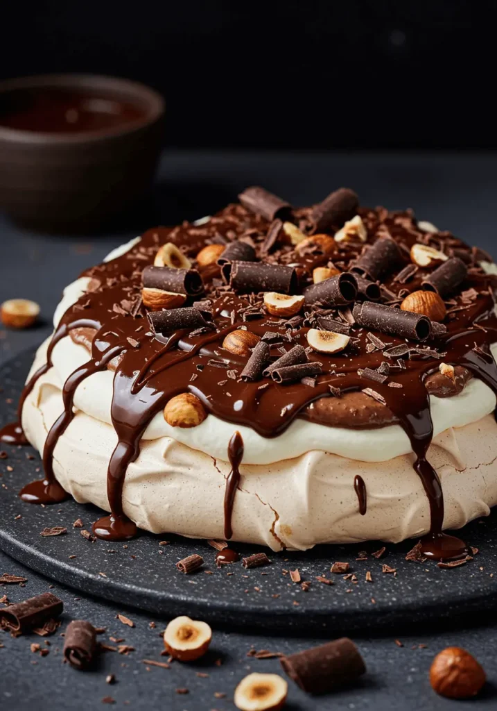 A decadent chocolate pavlova garnished with whipped cream, chocolate curls, roasted hazelnuts, and a rich chocolate sauce.