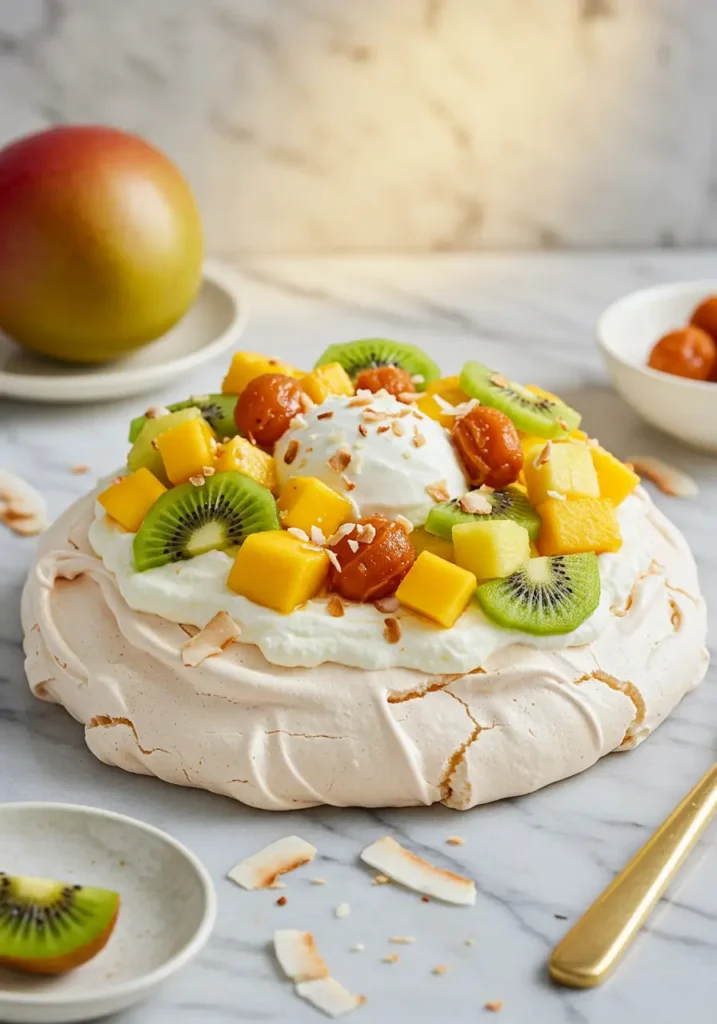 A tropical pavlova decorated with whipped cream, diced mango, kiwi slices, and caramelized fruit, sprinkled with toasted coconut flakes.