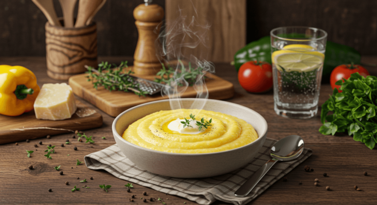 Scène de cuisine chaleureuse avec un bol de polenta crémeuse, garni de parmesan fraîchement râpé et d’une noisette de beurre. Des ustensiles en bois rustiques et une planche à découper avec des herbes fraîches comme le thym et le romarin sont visibles en arrière-plan. La lumière naturelle douce illumine l'ensemble, créant une ambiance chaleureuse.