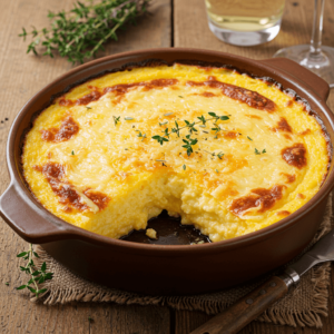 Plat de polenta gratinée avec une croûte de fromage dorée et croustillante, garni d'herbes fraîches, posé sur une table en bois.