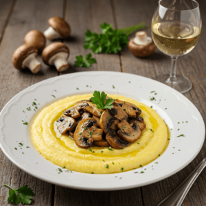 Un bol de polenta crémeuse surmonté de champignons sautés, garni de persil frais, posé sur une table en bois rustique.