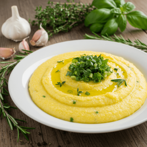 Assiette de polenta crémeuse infusée avec des herbes fraîches comme le romarin, le thym et le basilic, garnie d'herbes finement hachées et d'huile d'olive.