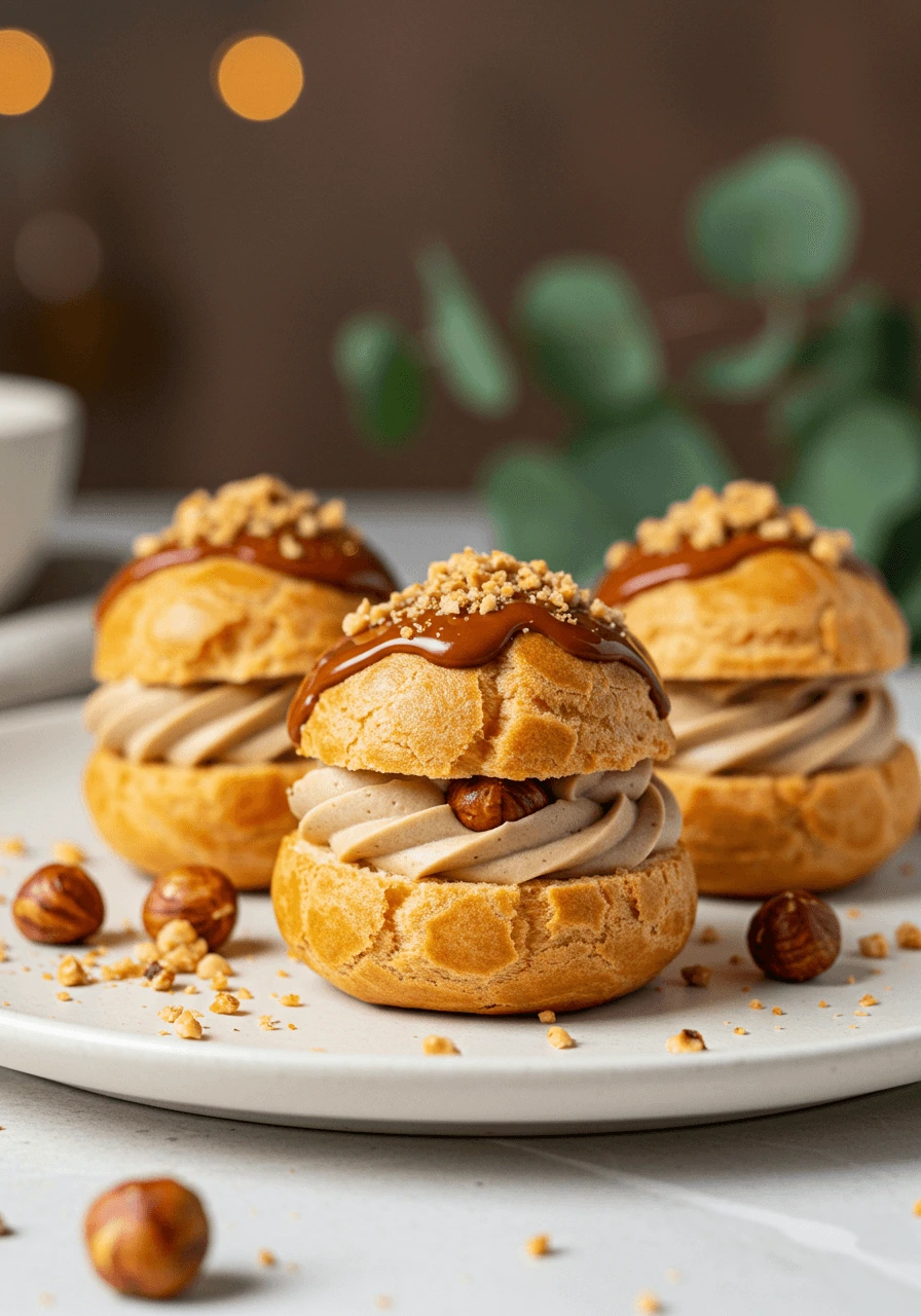 Profiteroles pralinées végétaliennes avec crème pralinée et noisettes caramélisées.