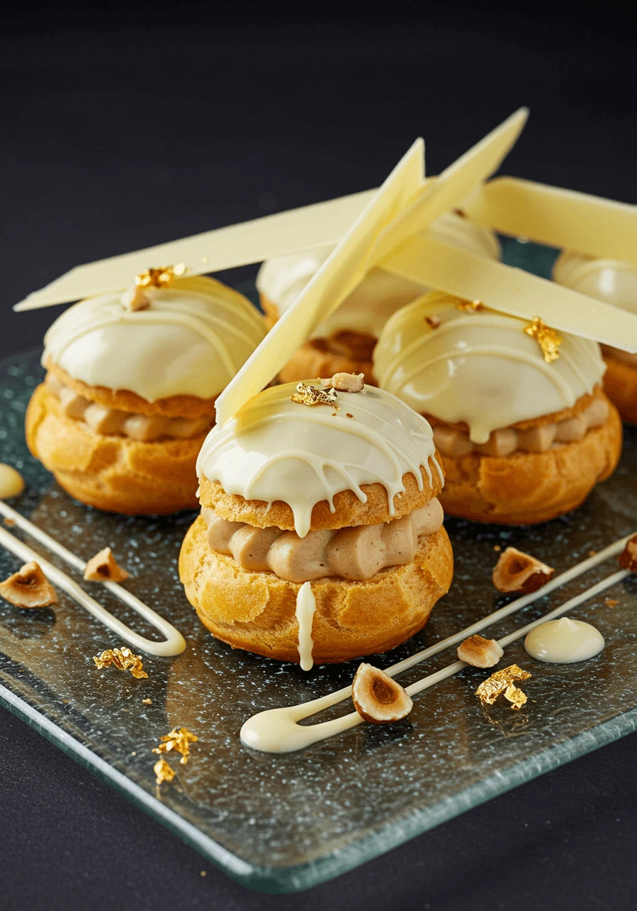 Profiteroles pralinées garnies de crème pralinée et nappées de chocolat blanc.