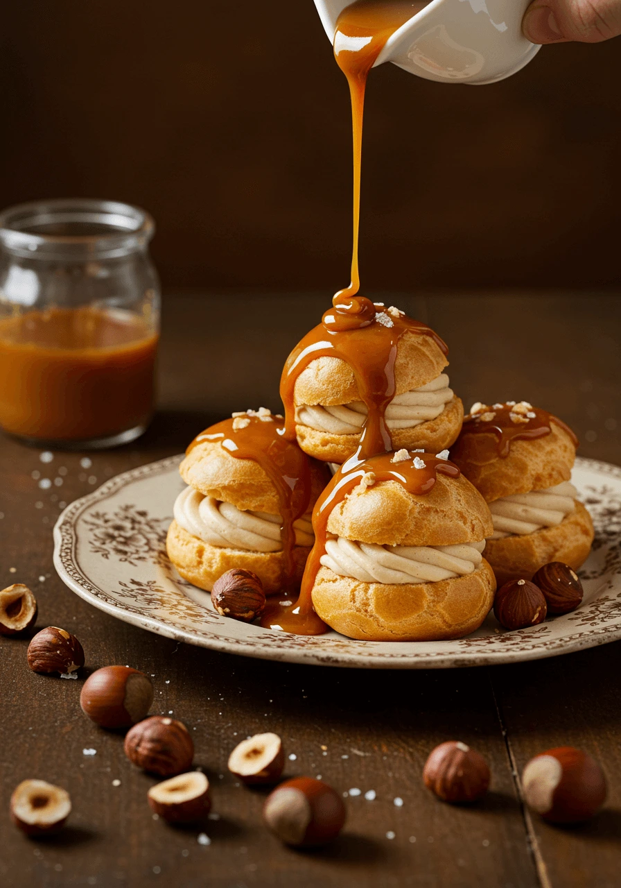 Profiteroles pralinées avec une touche de caramel salé et noisettes croquantes.