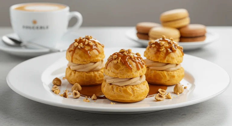 Gros plan d'un dessert élégant avec des profiteroles pralinées garnies de crème pralinée et recouvertes d'une couche croquante de noisettes caramélisées, disposées sur une assiette blanche avec une sauce au chocolat chaud et des noisettes concassées.