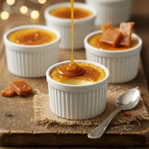 Oeufs au Lait Caramel servi dans des ramequins élégants avec une sauce caramel dorée