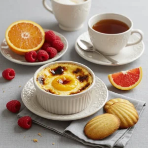 Oeufs au Lait servi avec café doux ou thé léger, madeleines ou sablés, et framboises et agrumes frais