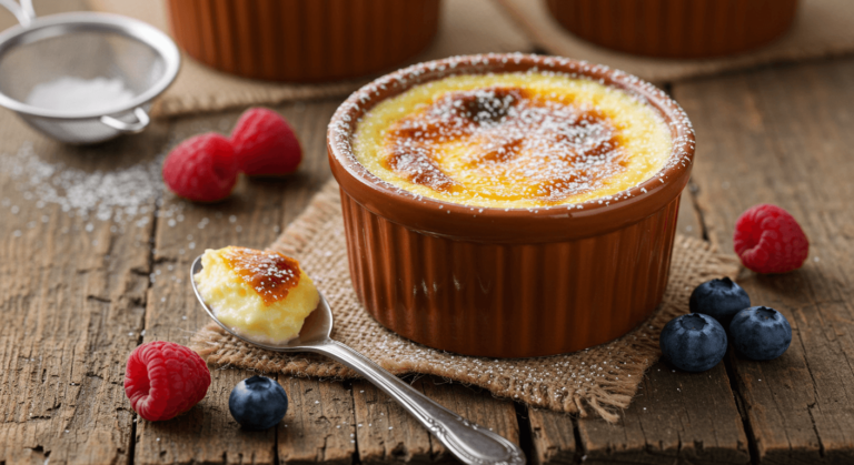 Recette classique d'Oeufs au Lait servie dans un ramequin traditionnel, avec un dessus caramelisé doré et des fruits frais