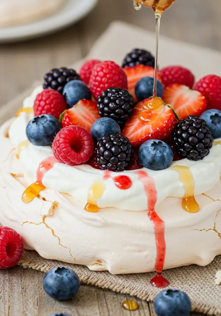 A mixed berry pavlova with whipped cream, fresh strawberries, raspberries, blackberries, and blueberries, drizzled with honey.