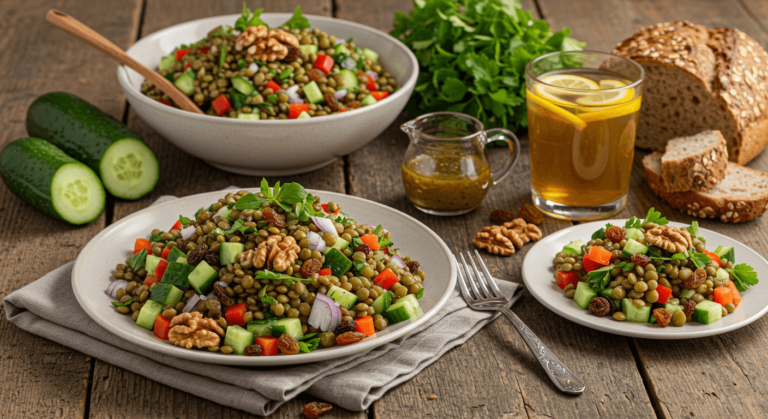 A vibrant salad with green lentils, cucumber, red bell pepper, and walnuts in a rustic wooden bowl.