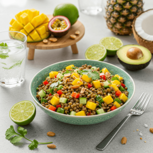 Exotic lentil salad with mango, peanuts, and fresh cilantro in a tropical-inspired bowl.