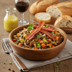 Warm lentil salad with grilled zucchini, eggplant, bell peppers, and onions in a wooden bowl.