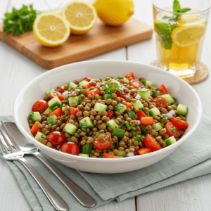 Cold lentil salad with cucumber, red bell pepper, and fresh herbs in a light vinaigrette.