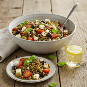 Mediterranean lentil salad with feta cheese, olives, cherry tomatoes, and fresh basil.