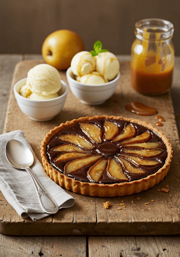 Une tarte poire chocolat accompagnée de desserts complémentaires, dont une boule de glace vanille, un sorbet citron décoré d'une feuille de menthe, et une cuillerée de chantilly avec un filet de caramel. Présentée sur une table rustique avec une lumière chaleureuse.