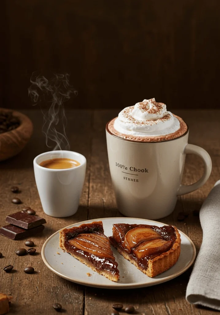 Une scène chaleureuse avec une part de tarte poire chocolat et des tranches de poires caramélisées, accompagnée d'un espresso fumant dans une tasse blanche et d'un chocolat chaud crémeux surmonté de chantilly et de poudre de cacao.