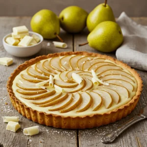 Une tarte chocolat blanc et poire sur une table en bois rustique, avec une croûte dorée, une ganache au chocolat blanc soyeuse et des tranches de poires disposées en spirale. Garnie de sucre glace et de copeaux de chocolat blanc.