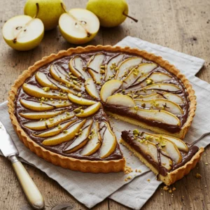 Une tarte poire fraîche chocolat sur une table en bois rustique, avec une croûte dorée, une ganache au chocolat brillante et des tranches de poires fraîches disposées en éventail sur le dessus. Garnie d'un filet de chocolat fondu et de pistaches concassées.