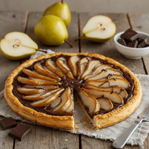 Une tarte poire chocolat pâte feuilletée sur une table en bois rustique, avec une base de pâte feuilletée légère et une ganache au chocolat brillante, surmontée de tranches de poires caramélisées. Garnie de sucre glace et d'un filet de chocolat fondu.